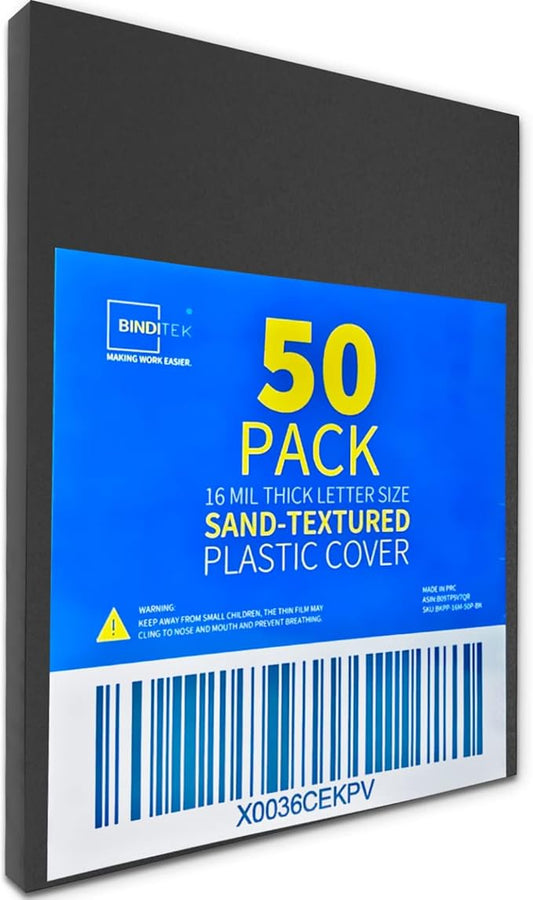 Binditek 50 Pack 16 Mil Sand-Textured Polycover - Plastic Binding Cover for Letter Size - Business Reports and Proposals - Lightly Textured Sand Finish - Square Corners, Un-Punched, Black