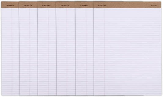 Mintra Office Recycled Writing Pads 6pk (White, Narrow Ruled (8.5in x 11in)) - 50 Sheets per Notepad, Micro perforated, Legal Pad, Notebook Paper for School, College, Office, Business