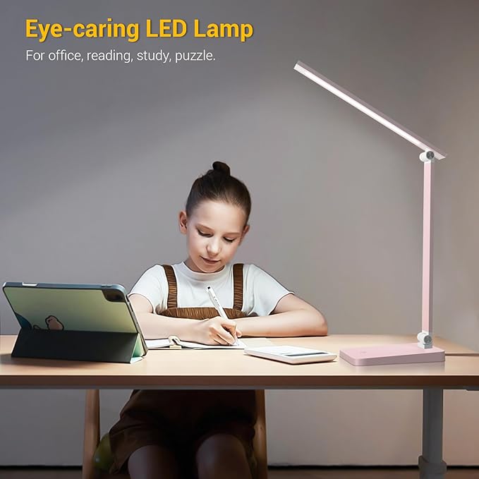 LED Desk Lamp for Home Office, 3 Levels Dimmable Reading Desk Light with USB Charging Port, Desk Accessories Touch Control Table Lamp, Eye-Caring Small Study Lamp for College Dorm Room, Pink, 5000K