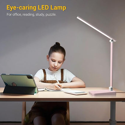 LED Desk Lamp for Home Office, 3 Levels Dimmable Reading Desk Light with USB Charging Port, Desk Accessories Touch Control Table Lamp, Eye-Caring Small Study Lamp for College Dorm Room, Pink, 5000K