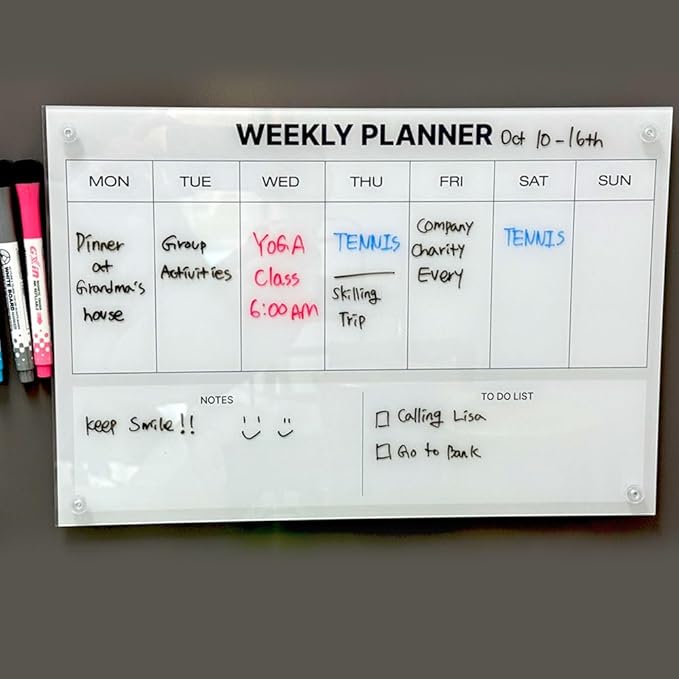 GEEKBEAR Dry Erase Refrigerator Calendar with 3 Markers - Attachable to Any Fridge with Special Suction Cups - Monthly and Weekly Designs, Acrylic - 15.7" x 10.6" (02. Modern Gray, Weekly)