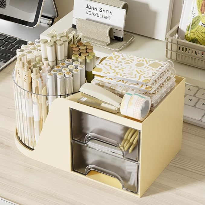 360 Degree Turntable Pen Holder Office Desk Organizer Pencil Holder for Desk Multi-Functional Pencil Pencil Cup Desktop Stationary Organizer Storage for Office School (Beige-with Drawer)