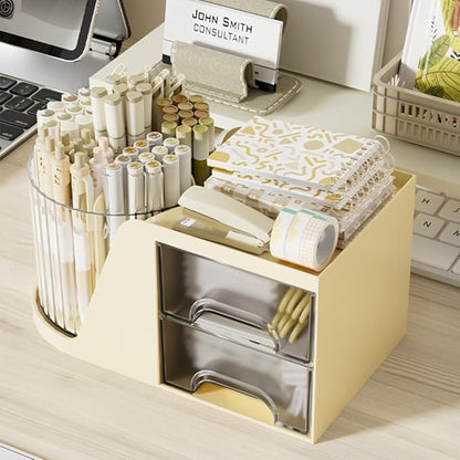 360 Degree Turntable Pen Holder Office Desk Organizer Pencil Holder for Desk Multi-Functional Pencil Pencil Cup Desktop Stationary Organizer Storage for Office School (Beige-with Drawer)