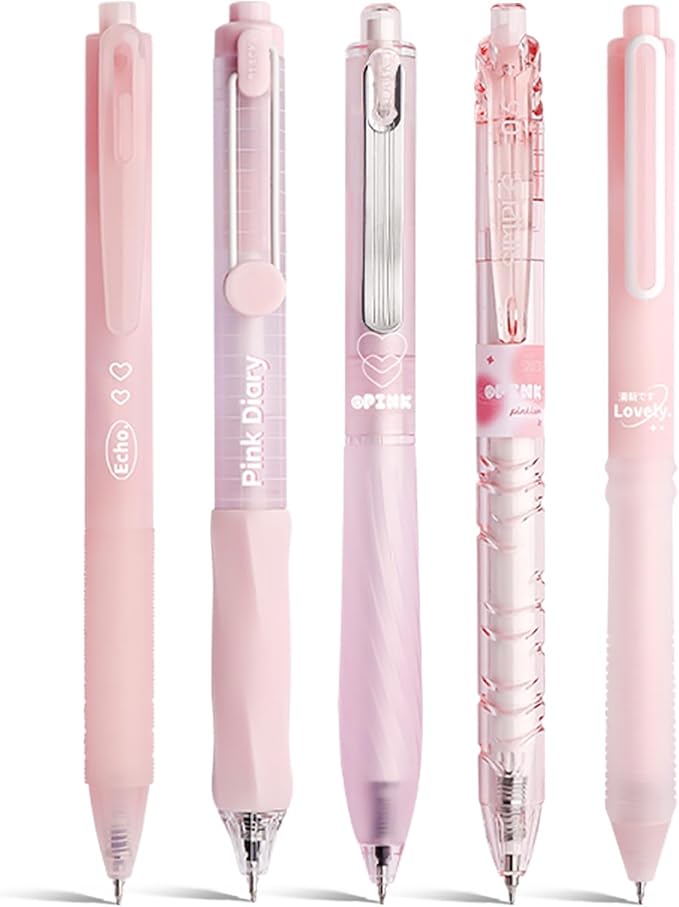5 Count Pastel Gel Ink Pen Set,Cute Note Taking 0.5mm Fine Point Retractable 5 Count Black Ink Pens for Writing, Journaling, School, Office (Light Pink Clear)