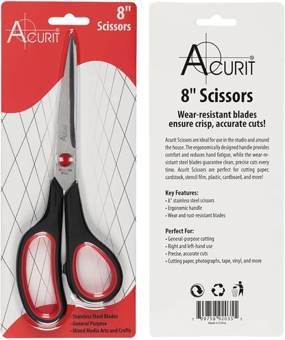 Acurit 8" Multipurpose Comfort Grip Stainless Steel Office Scissors - Right or Left Hand Scissors for Office Use – Rust and Wear-Resistant Blades, Precise Cuts for Mixed Media Crafts
