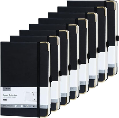 A5 Black Lined Journal Notebook - 100 GSM Thick Paper, 8 Pack Hardcover Journaling Notebooks for Writing, Work, Travel, College Ruled Journals for Women & Men, PU Leather Note Books, 5.5”x8.3”