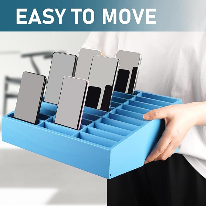 Wooden 30-Grid Cell Phones Storage Box Desktop Mobile Phone Holder Organizer for Office School Classroom (30-Grid Blue)