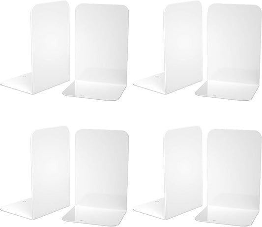 VFINE Bookends 4 Pairs, White Metal Book Ends, Bookends for Shelves, Book Stopper for Heavy Books, Book Dividers for Home Office