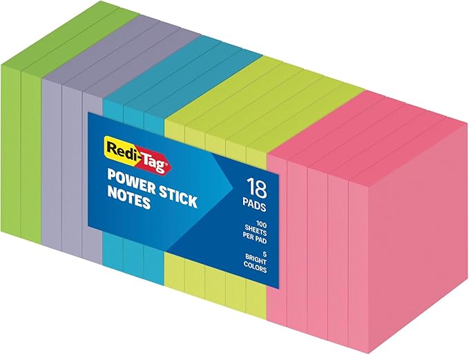 Redi-Tag Sticky Notes, Power Stick Notes, Adhesive Reminders, 3" x 3" Reusable Notes, Strong Adhesive Memos, Assorted Bright Colors, 18 Pack (1000977)