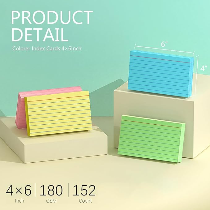 Colored Index Cards 4x6 Inch - Ruled Index Flash Cards for Studying, Lined Index Note Cards 4" x 6" with Colorful, Colored Flashcards 4x6 Notecards 3 Pack of 38 - Pink, Green, Blue, Yellow