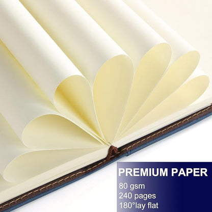 A5 Blank Journal Notebook, Refillable Hardcover Leather Sketchbook with Pocket and Magnetic Buckle, 240 Pages Thick Travel Sketchbooks for Drawing and Writing, 80gsm Unlined Journal for Men and Women