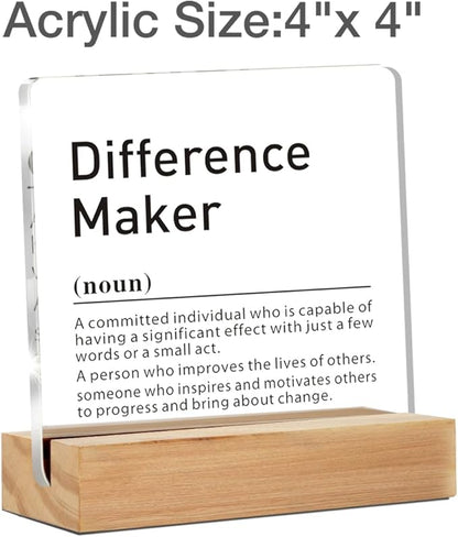 Difference Maker Gifts for Teacher Mentor Coach Boss, Difference Maker Definition Clear Acrylic Desk Decorative Sign for Home Office Desk Table Shelf (4 x 4 Inches)
