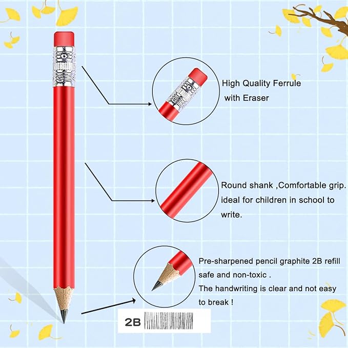 Adhere 25pcs Golf Pencils with eraser Hexagon Wooden Pencils Graphite 2B for Golf Event Scoring,Classroom,Wedding,Company Meetings,Pew, Pocket (z-Red・Round ・50pcs)