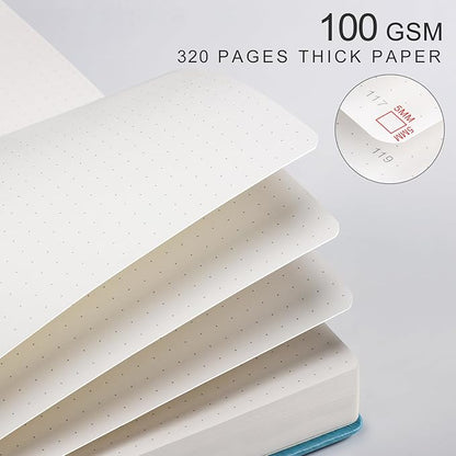 EMSHOI Bullet Dotted Journal Notebook - 320 Pages, 100gsm Thick Paper, A5 Hardcover Leather, Dot Grid Notebook for Women Men Work Writing, Bullet Journaling, Drawing, 5.75 x 8.38, Light Blue