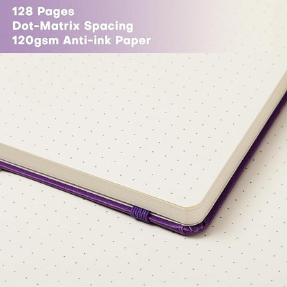 Dotted Journal/Notebook - Dot Grid Hard Cover Notebook, Premium Thick Paper with Fine Inner Pocket, Black Smooth Faux Leather, Pen Loop, 5.3'' x 8.26'' - Lavender