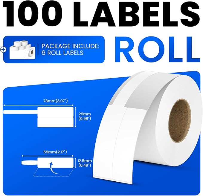 Clabel Printable White Cable Labels 6 Rolls of Thermal Self-Adhesive Paper Labels Tape, 25x78mm (1"x3") 100 Sheets Per Roll, Black Print on White Sticker Tags Durable