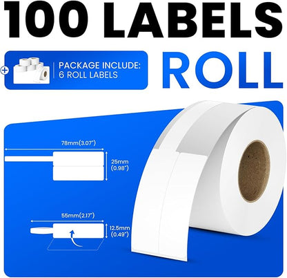 Clabel Printable White Cable Labels 6 Rolls of Thermal Self-Adhesive Paper Labels Tape, 25x78mm (1"x3") 100 Sheets Per Roll, Black Print on White Sticker Tags Durable