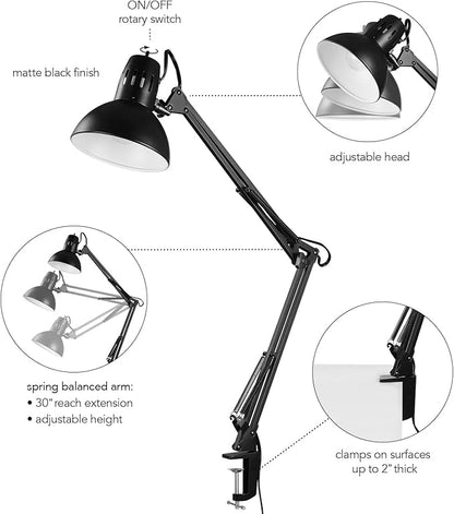 Globe Electric 56963 31.5" Multi-Joint Desk Lamp with Metal Clamp, Black, On/Off Rotary Switch on Shade, Partially Adjustable Swing Arm, Home Essentials, Reading Light, Office Décor
