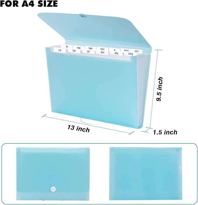 2 PCS Expanding File Folder A4,13 Pockets File Organiser with Colored Tags, Paperwork A4 Plastic Wallet Document Storage Expander for School,Office and Home, Light Blue