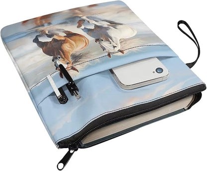 COEQINE Horse Book Covers Kids Adult Book Cover with Pen Holder Zipper Washable Hardcover Paperback Book Protection and Pen Holder Pocket for Travel Study