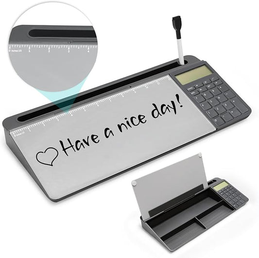 Desktop Glass Whiteboard with Calculator(12 Digit LCD Display) & Ruler Marker,Tilted Notepad Computer Keyboard Stand with Dry Erase Board Surface, Desk Organizers with Accessories,Gray