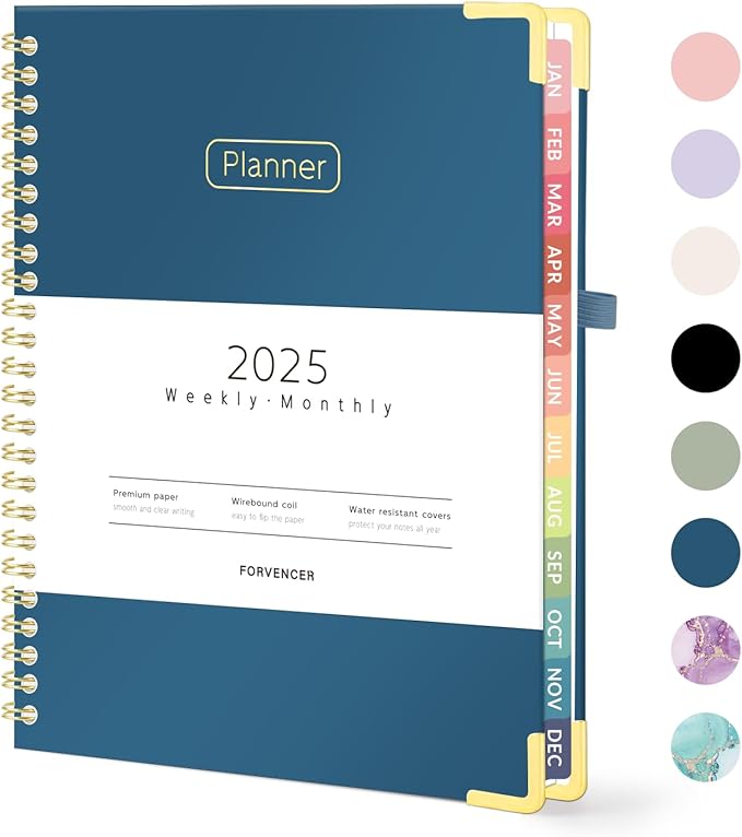 Forvencer 2025 Planner, Hardcover Weekly and Monthly Planner, January 2025 - December 2025, 6" x 8", Spiral Calendar Planner with Tabs, Exquisite Daily Organizer Notebook with Inner Pocket, Agenda Journal for Office Home School, A5 Size, Blue