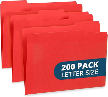 200 Blue Summit Supplies Red File Folders with 1/3 Cut Tabs, Letter Size, Durable 11pt Paper, Uncoated Red Paper, Colorful Red Folders for Office and Home Organization