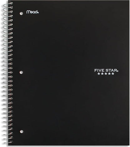 Five Star Spiral Notebook Plus Study App, 5 Subject, Wide Ruled Paper, Fights Ink Bleed, Water Resistant Cover, 8" x 10-1/2", 200 Sheets, Black (72045)