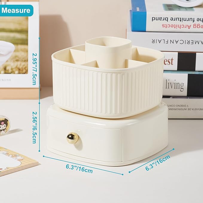 360 Degree Rotatable Pen Holder with Drawer, 5 Slots Office Desk Organizer Pen Holder for Desk Multi-Functional Pencil Box Desktop Stationary Organizer for Office School Home Beige