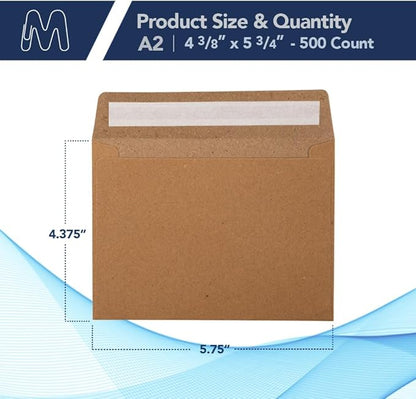 MOS A2 Invitation Envelopes – 4-3/8" X 5-3/4" Kraft Mailing Envelopes Self Seal (500 Count) – 120GSM/ 32LB Bond Heavy Duty – For Greeting Cards, Card Making, RSVP Cards, Wedding Invites