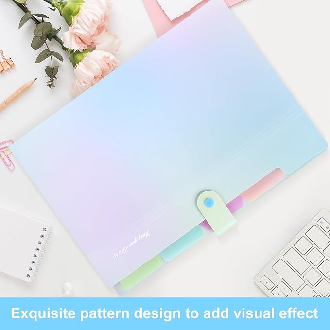 Ddaowanx Expanding File Folder, Letter A4 Size Accordion Plastic File Organizer, 5 Pocket Folders for Documents, Aesthetic Folder with Labels, Paper Organizer for School Office Supplies (Aurora Blue)