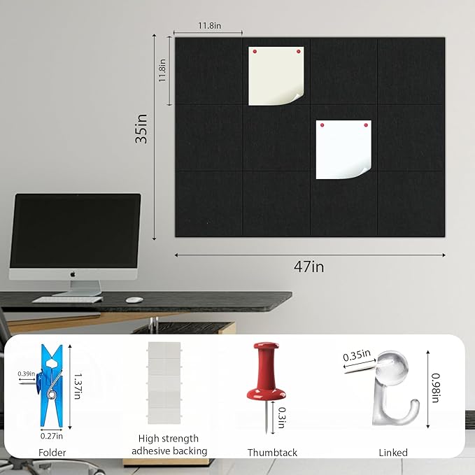 12-Pack Large 48"x36" Cork Board for Office & Walls - Self-Adhesive Felt Wall Tiles with Push Pins | Reusable Tack Board for Home Decor | Removable Alternative to Traditional Cork Bulletin Boards