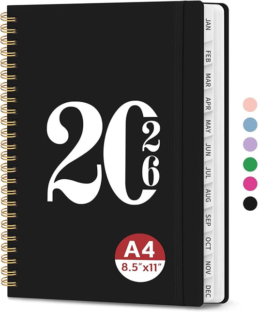 2026 Planner, Weekly and Monthly Calender Planner, Jan 2026 to Dec 2026, Hardcover 2026 Calendar Planner Book with Tabs & Inner Pocket, Office Home School Supplies for Women & Men - A4 (8.5" x 11"), Black