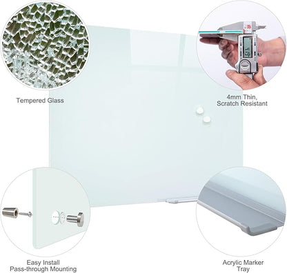 Glass Magnetic White Board - 36 x24 Inches Dry Erase Glass Whiteboard for Wall
