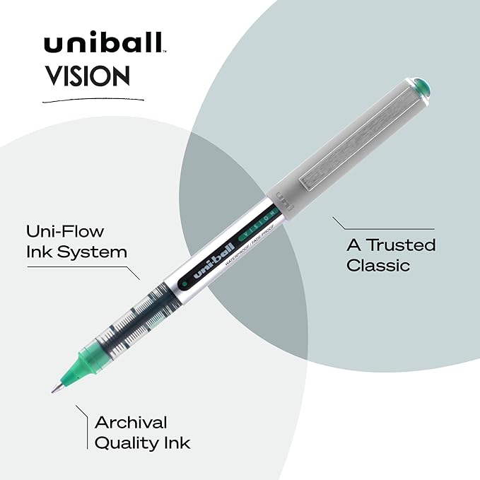 Uniball Vision Rollerball Pens, Green Pens Pack of 12 - 0.7mm Fine Point Medium Ink - Japanese Pens, Smooth Writing Pens, School & Office Supplies