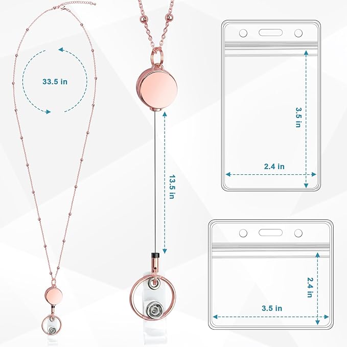 3 Pack Retractable Badge Reel Lanyard with 6 Pcs Waterproof ID Holder Retractable Stainless Steel Badge Reel Lanyard with ID Holder for Girl Women Teacher Adults (Black, Silver, Rose Gold)