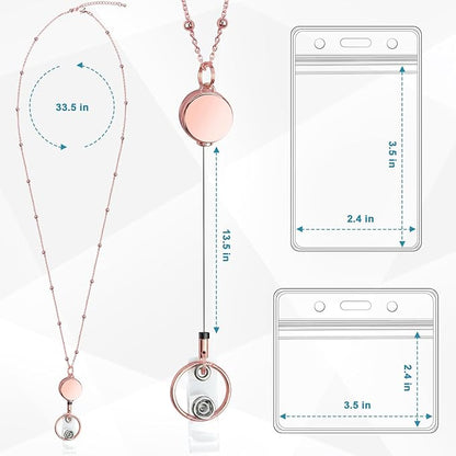 3 Pack Retractable Badge Reel Lanyard with 6 Pcs Waterproof ID Holder Retractable Stainless Steel Badge Reel Lanyard with ID Holder for Girl Women Teacher Adults (Black, Silver, Rose Gold)