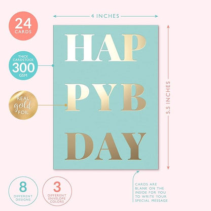 Set of 24 Gold Foil Bulk Birthday Cards Assortment – Bulk Happy Day pages with Envelopes Box Set – Assorted Blank celebration sheets for Women, Men, and Kids in a Boxed Card Pack