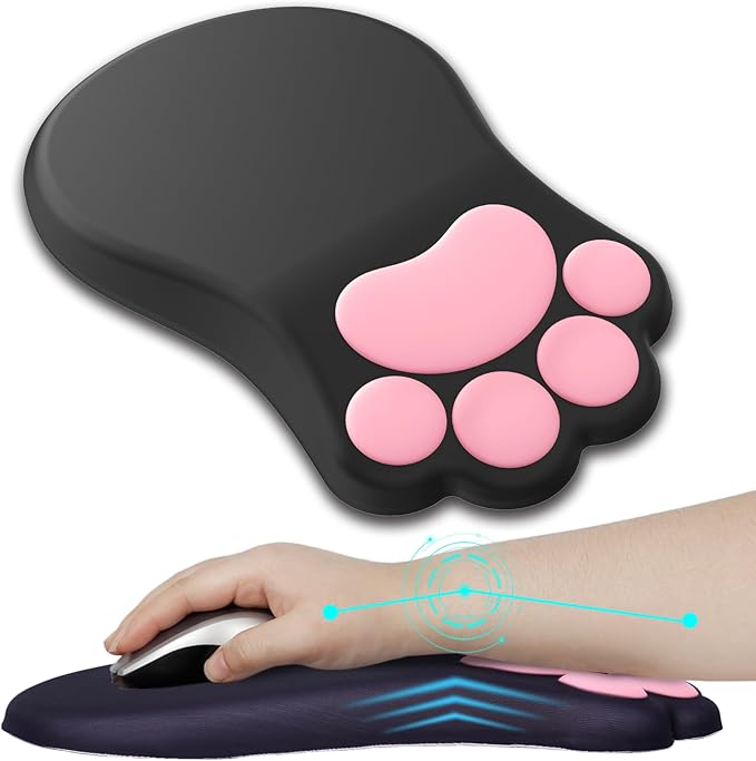 Ergonomic Mouse Pad with Wrist Rest,Cute Cat Paw Mousepad Wrist Support,Comfortable Massage Design Computer Pain Relief Mouse Pad with Non-Slip PU Base for Desk Laptop Gaming Office,Black
