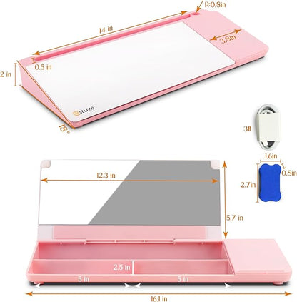 SELEAD Desktop Glass Whiteboard with Wireless Charger Station and Mirror, Desk Dry Erase Board Computer Pad Keyboard Stand with Organizer for Home, School, Office Accessories for Women, Pink