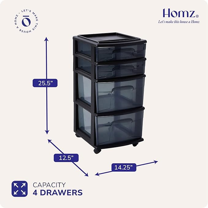 HOMZ 4-Drawer Plastic Storage Cart, Home & Office Rolling Organizer, Black-Clear