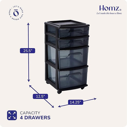 HOMZ 4-Drawer Plastic Storage Cart, Home & Office Rolling Organizer, Black-Clear