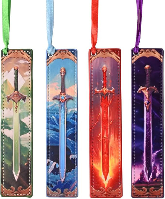 ZQZYMXQ 4Pcs Leather Sword Bookmarks for Men, Cool Fantasy Bookmarks Anime Bookmark, Gifts for Book Lovers Men (Sword)