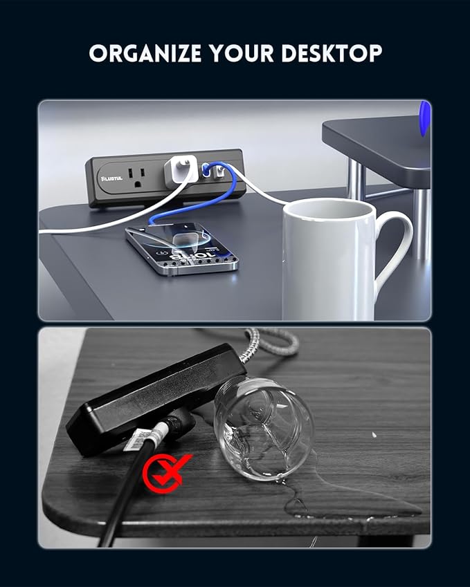 Desk Clamp Power Strip, 6FT Desk Outlet Station with 3 Outlet, PD 20W Fast Charging, Flat Plug, 16 Gauge, Black Desk Power Strip with USB C, Fit 1.72" Tabletop Edge