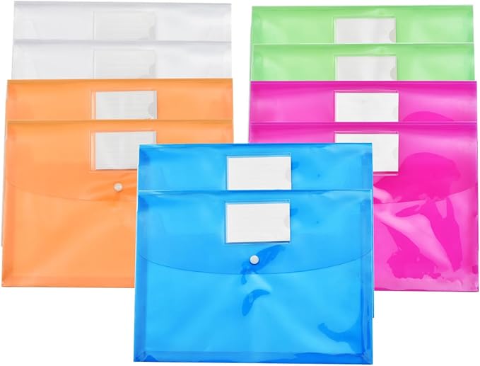 10 Pack Plastic Envelopes with Snap Closure,TFDLCG zm Poly File Envelopes with Label Pocket,Clear Document Folders,A4 Letter Size(13"×9.5") for School Home Work Office,Assorted Colors