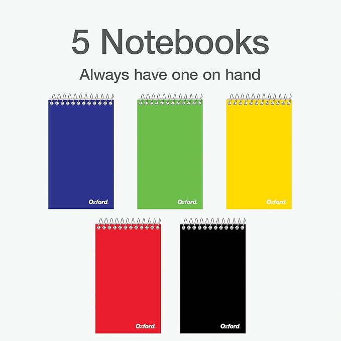 Oxford Spiral Memo Pads, Top Wire Bound, 3 x 5 Inch Pocket Notepad, College Ruled, Assorted Primary Colors, 75 Sheets, 5 Pack (25091)