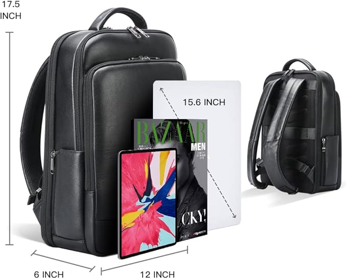 BOPai Genuine Leather Backpack for Men Multi-Function Backpack 15.6 inch Business Laptop Backpack Travel Smart Rucksack with USB Charging Anti Theft Backpack Office Black