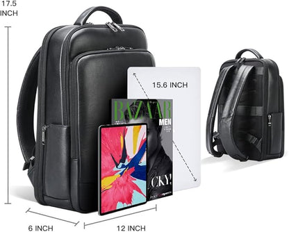 BOPai Genuine Leather Backpack for Men Multi-Function Backpack 15.6 inch Business Laptop Backpack Travel Smart Rucksack with USB Charging Anti Theft Backpack Office Black