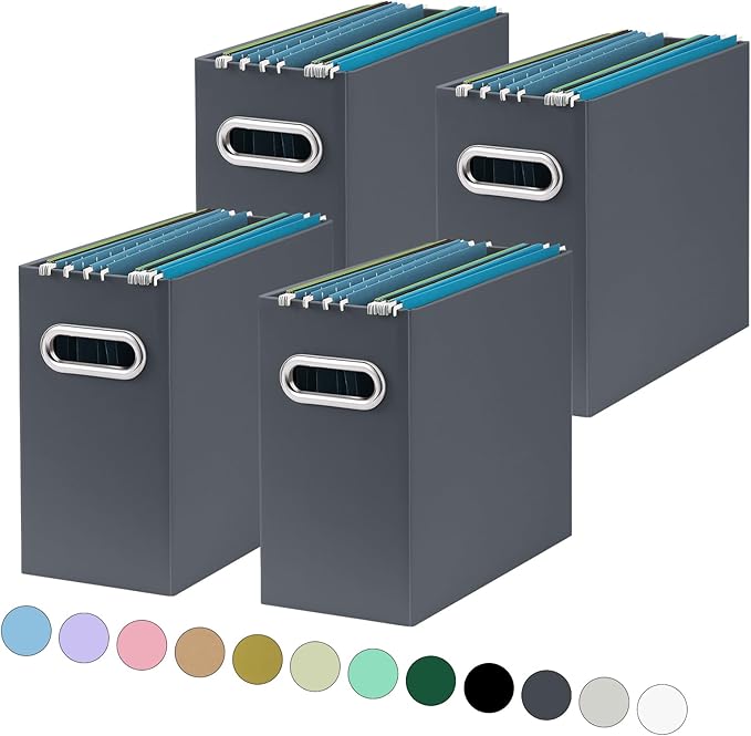 Oterri File Organizer, Small Storage Box, Cardboard File Folder Organizer, Collapsible File Box, Hanging File Organizer for Letter Size, Portable File Box with Handle, Only Box (Dark Grey,4 Packs)