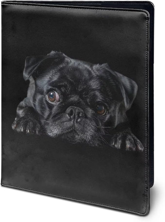 Office Folder Black Pug Dog Print PU Leather Padfolio with A4 Size Clipboard Clip for Business Resume Interview Document Sleeve Binder Folder for Men/Women